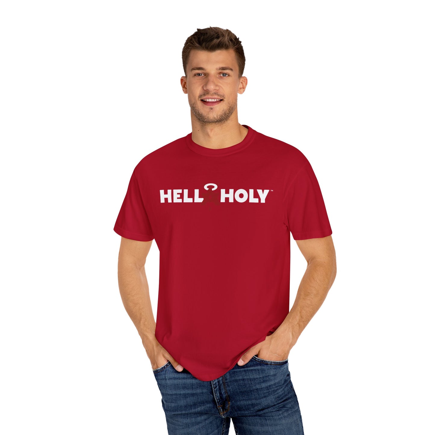 Unisex Garment-Dyed T-shirt : Hella Holy 01 - White & Red Art