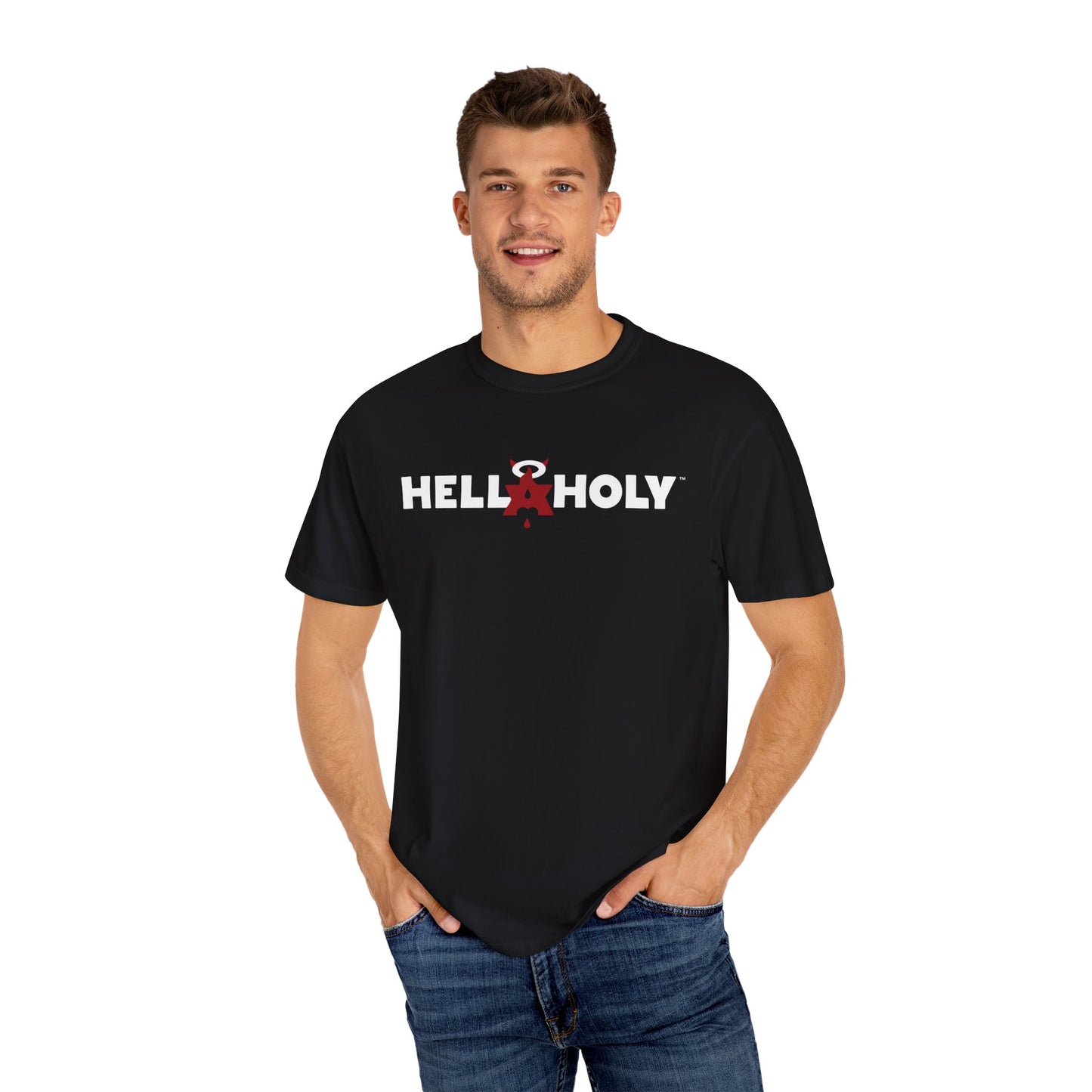 Unisex Garment-Dyed T-shirt : Hella Holy 01 - White & Red Art