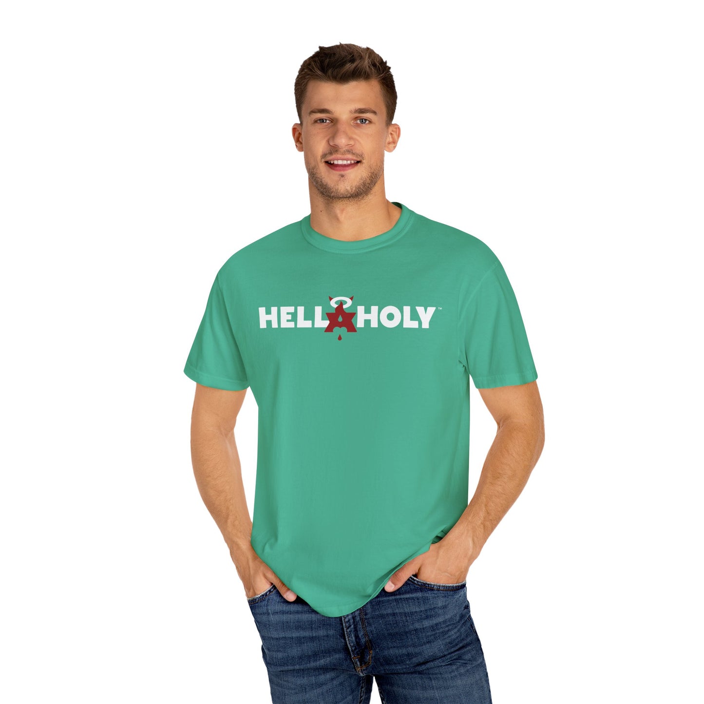 Unisex Garment-Dyed T-shirt : Hella Holy 01 - White & Red Art