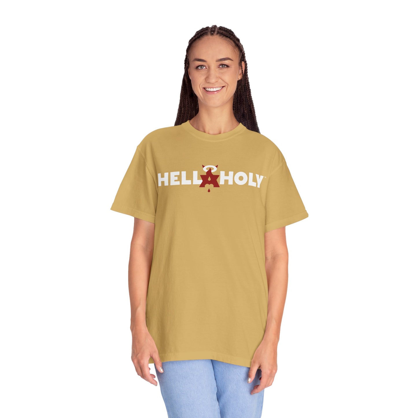 Unisex Garment-Dyed T-shirt : Hella Holy 01 - White & Red Art