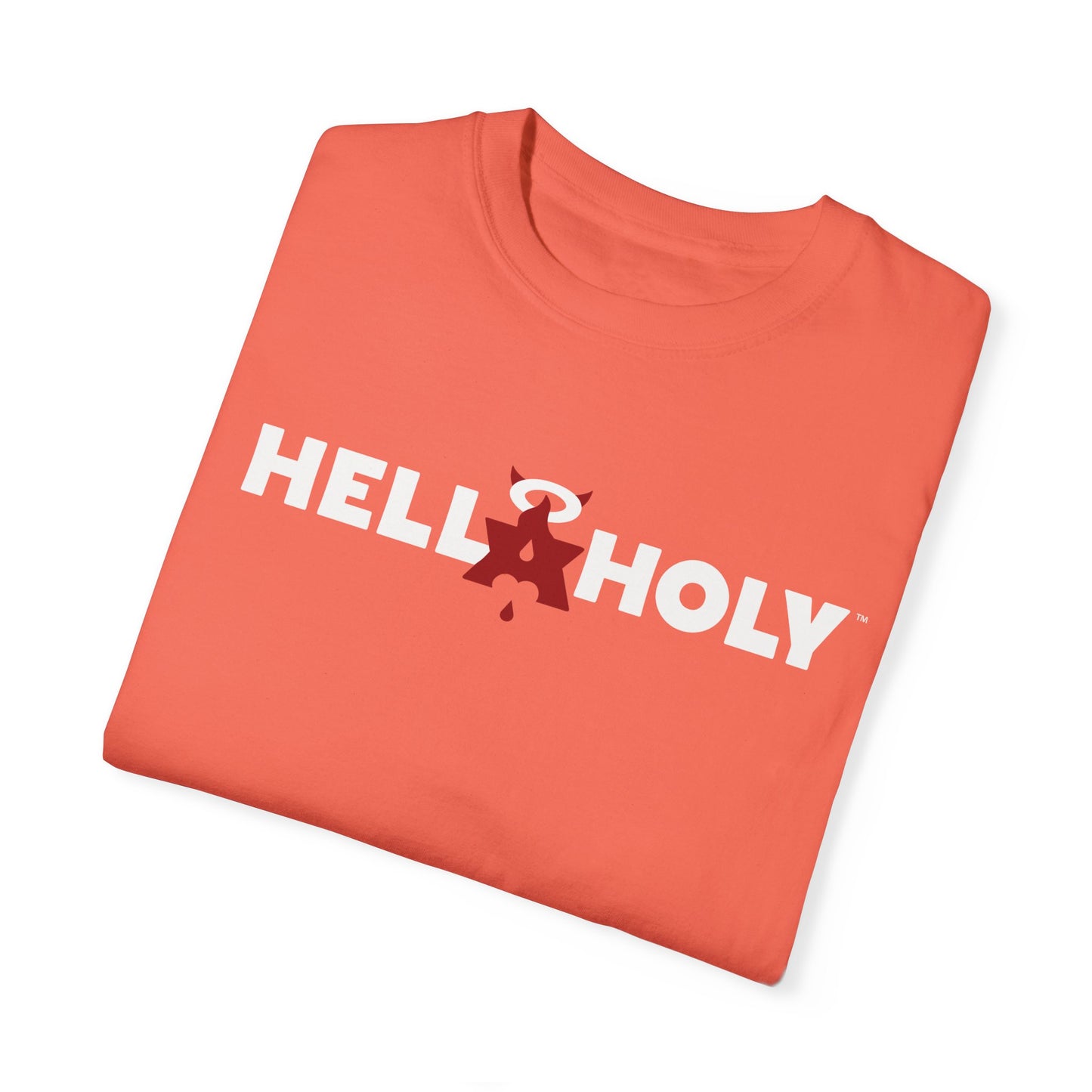 Unisex Garment-Dyed T-shirt : Hella Holy 01 - White & Red Art