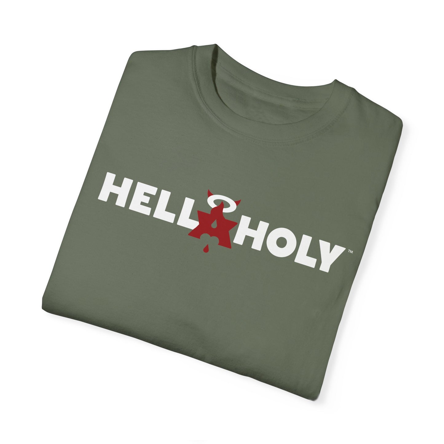 Unisex Garment-Dyed T-shirt : Hella Holy 01 - White & Red Art