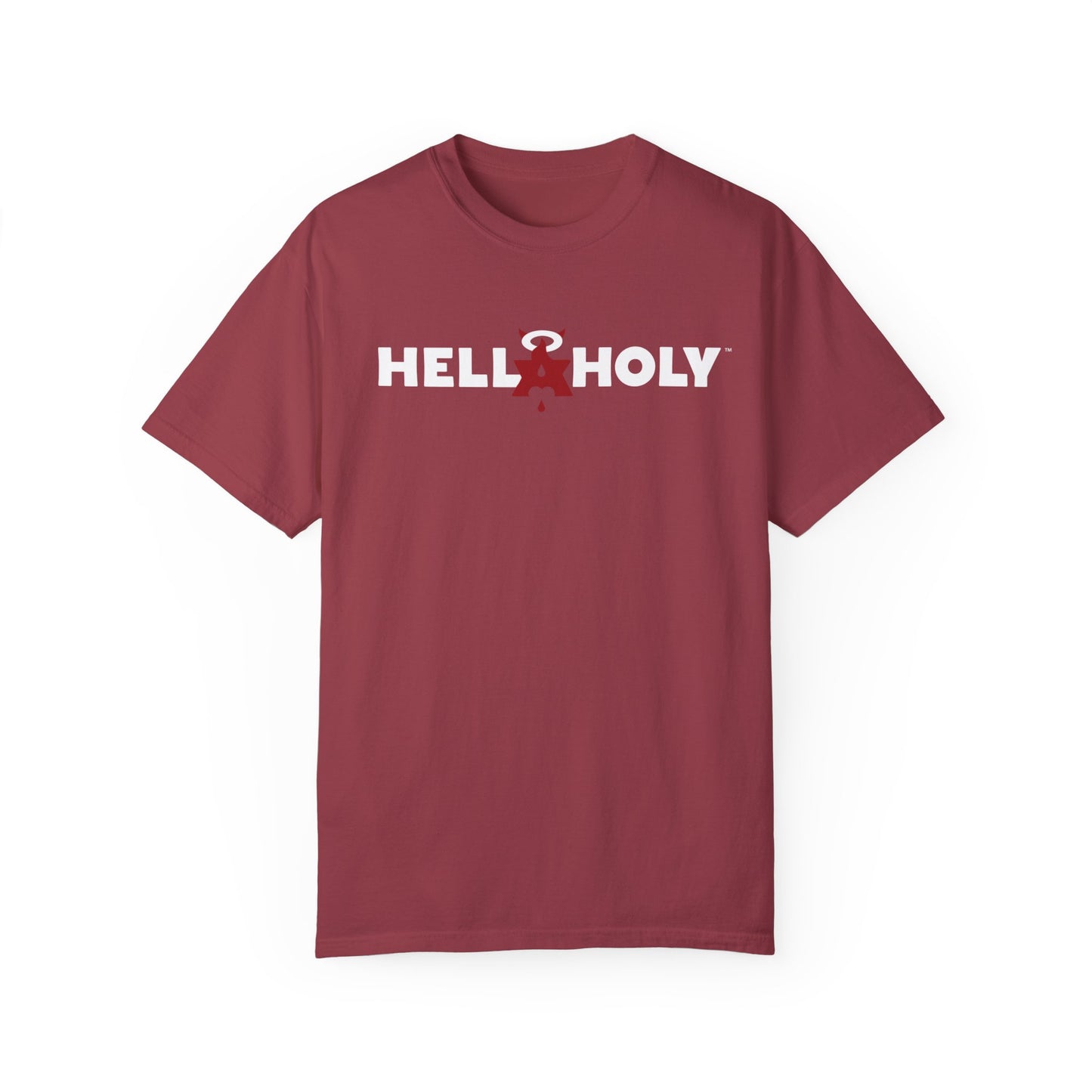 Unisex Garment-Dyed T-shirt : Hella Holy 01 - White & Red Art