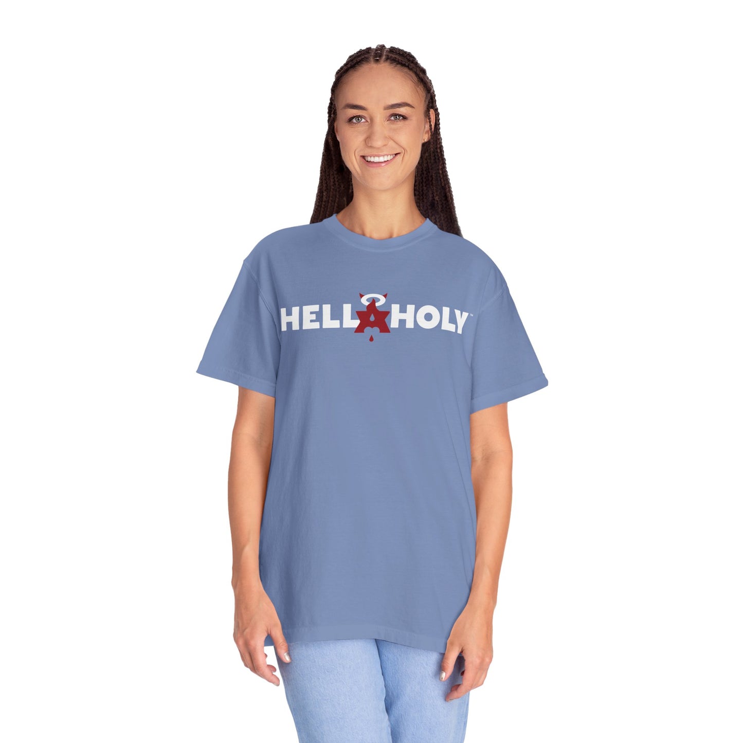 Unisex Garment-Dyed T-shirt : Hella Holy 01 - White & Red Art