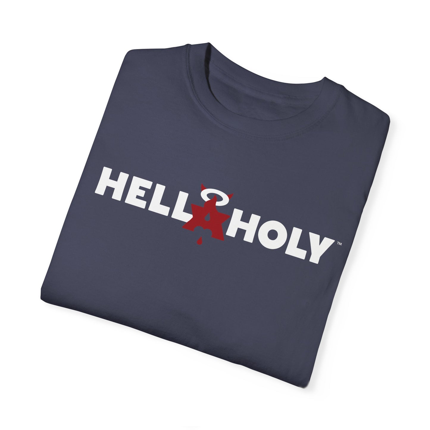 Unisex Garment-Dyed T-shirt : Hella Holy 01 - White & Red Art