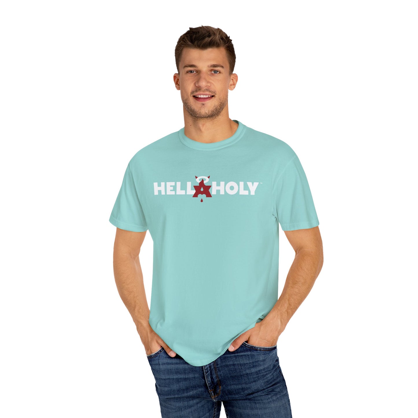 Unisex Garment-Dyed T-shirt : Hella Holy 01 - White & Red Art