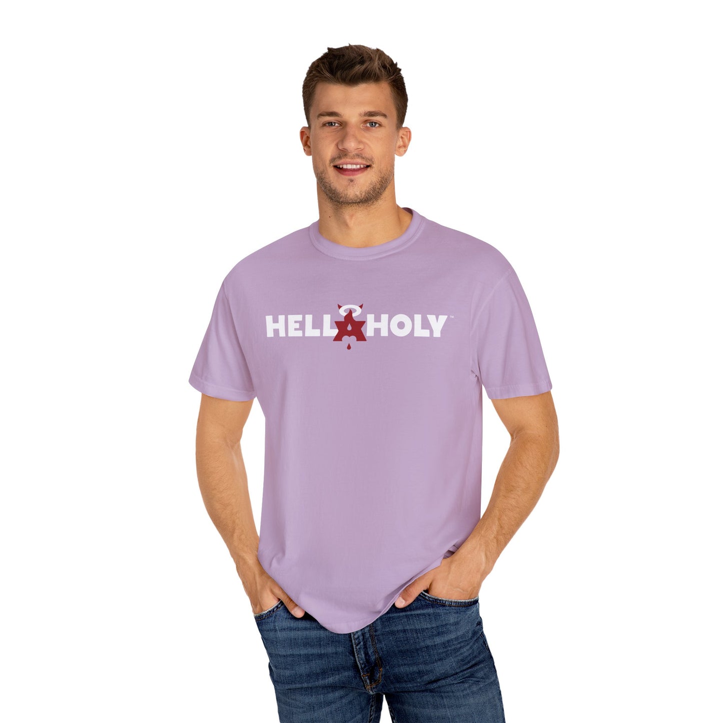 Unisex Garment-Dyed T-shirt : Hella Holy 01 - White & Red Art