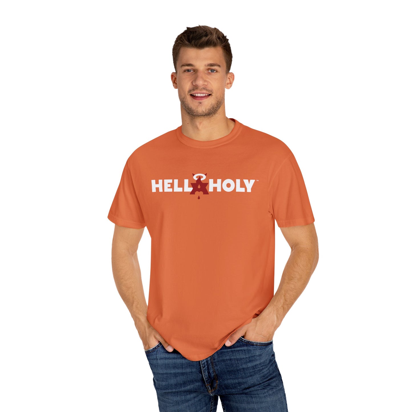 Unisex Garment-Dyed T-shirt : Hella Holy 01 - White & Red Art