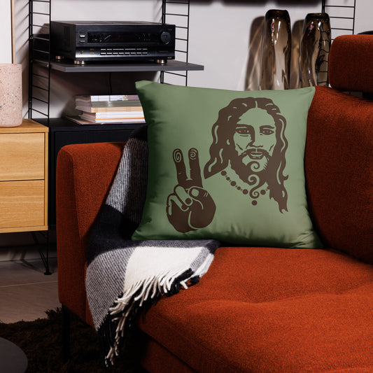 Basic Pillow : Peace Jesus - Sage w/ Brown print & Black pattern print