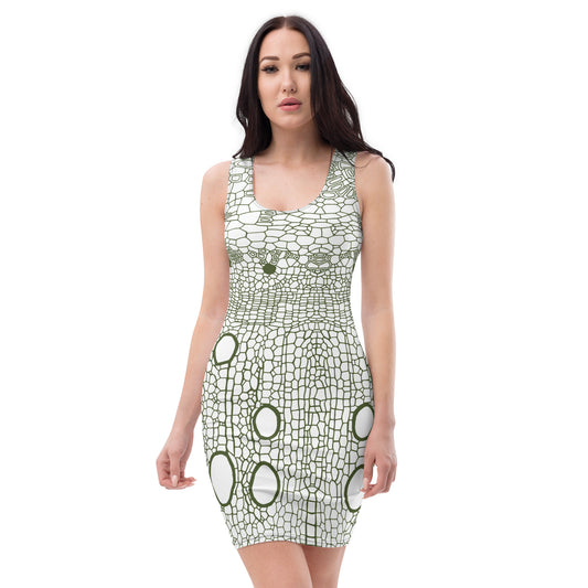 Bodycon Dress : Hemp Cell - White w/ Green print