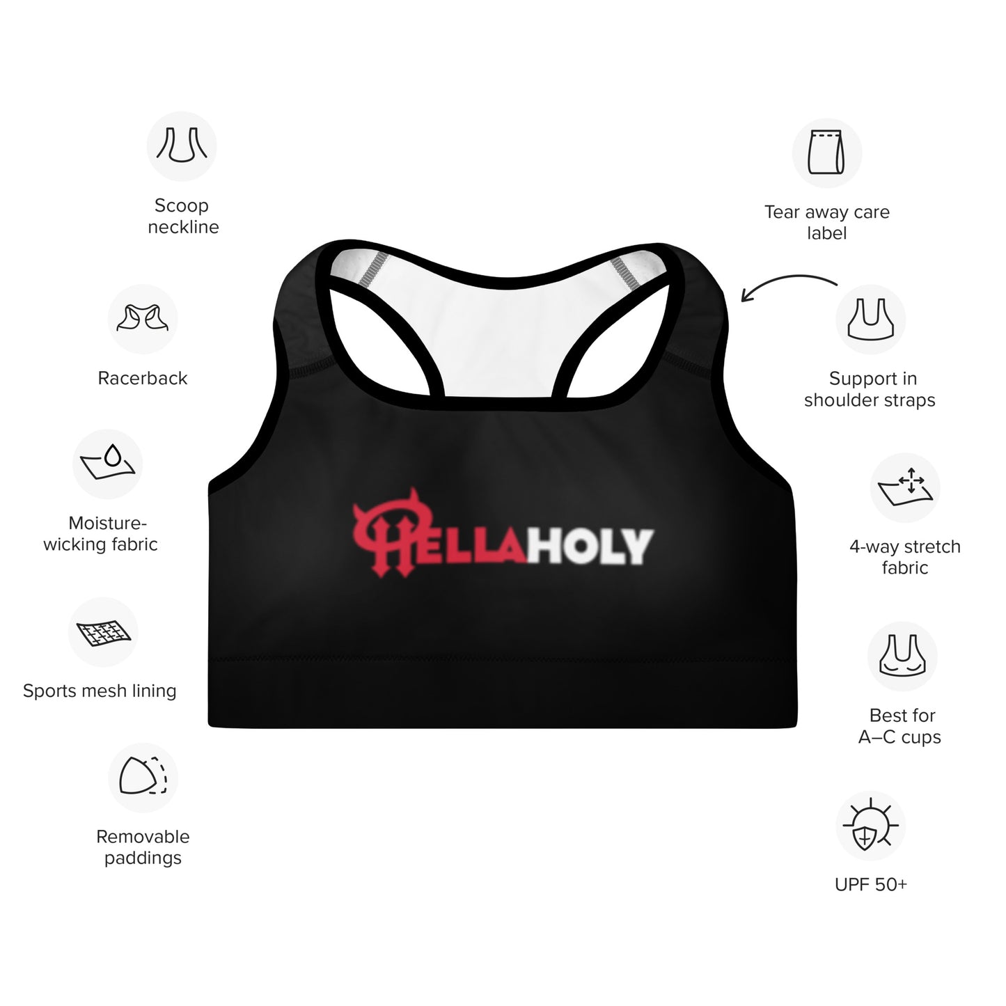 Padded Sports Bra : HellaHoly™ Logo 02 - Red & White print