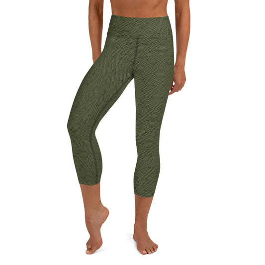 Yoga Capri Leggings : Hexacube - Green w/ Black print