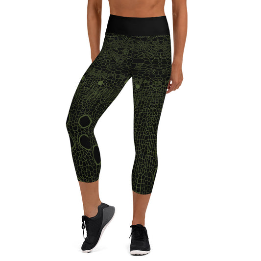Yoga Capri Leggings : Hemp Cell - Black w/ Green print