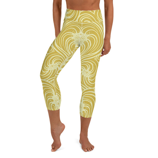 Yoga Capri Leggings : Cosmic Swirl - Yellow w/ Cream print