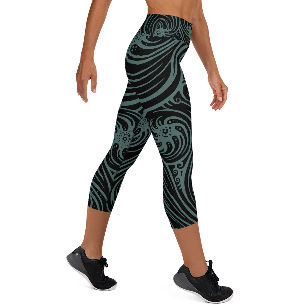 Yoga Capri Leggings : Cosmic Swirl - Black w/ Teal print