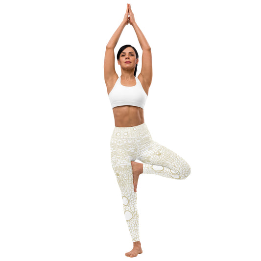 Yoga Leggings : Hemp Cell - White w/ Creamy print