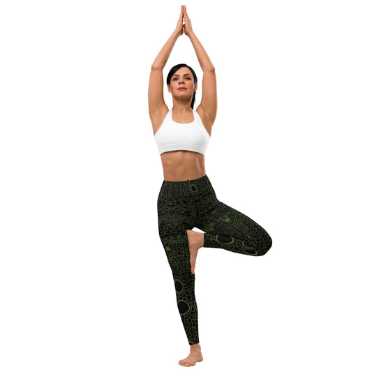 Yoga Leggings : Hemp Cell - Black w/ Green print