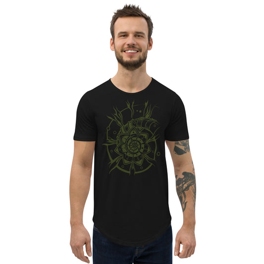 Men's Curved Hem T-Shirt : Starflower - Black w/ Olive print