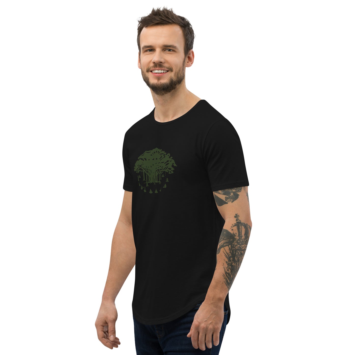 Men's Curved Hem T-Shirt : Communitree - Olive print