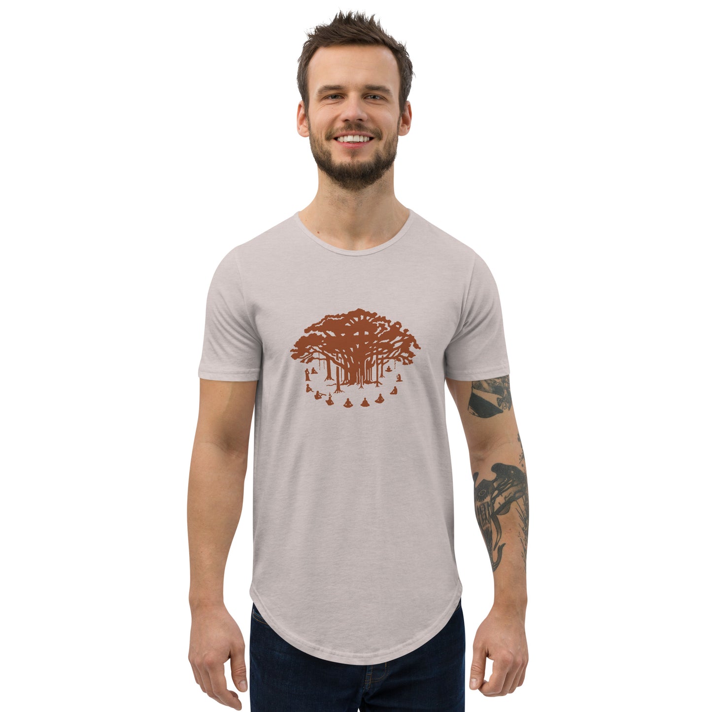 Men's Curved Hem T-Shirt : Communitree w/ Burnt Orange print