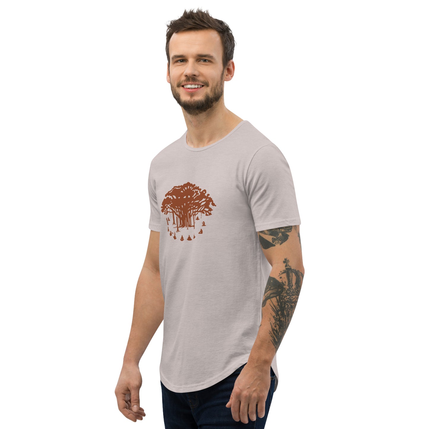 Men's Curved Hem T-Shirt : Communitree w/ Burnt Orange print