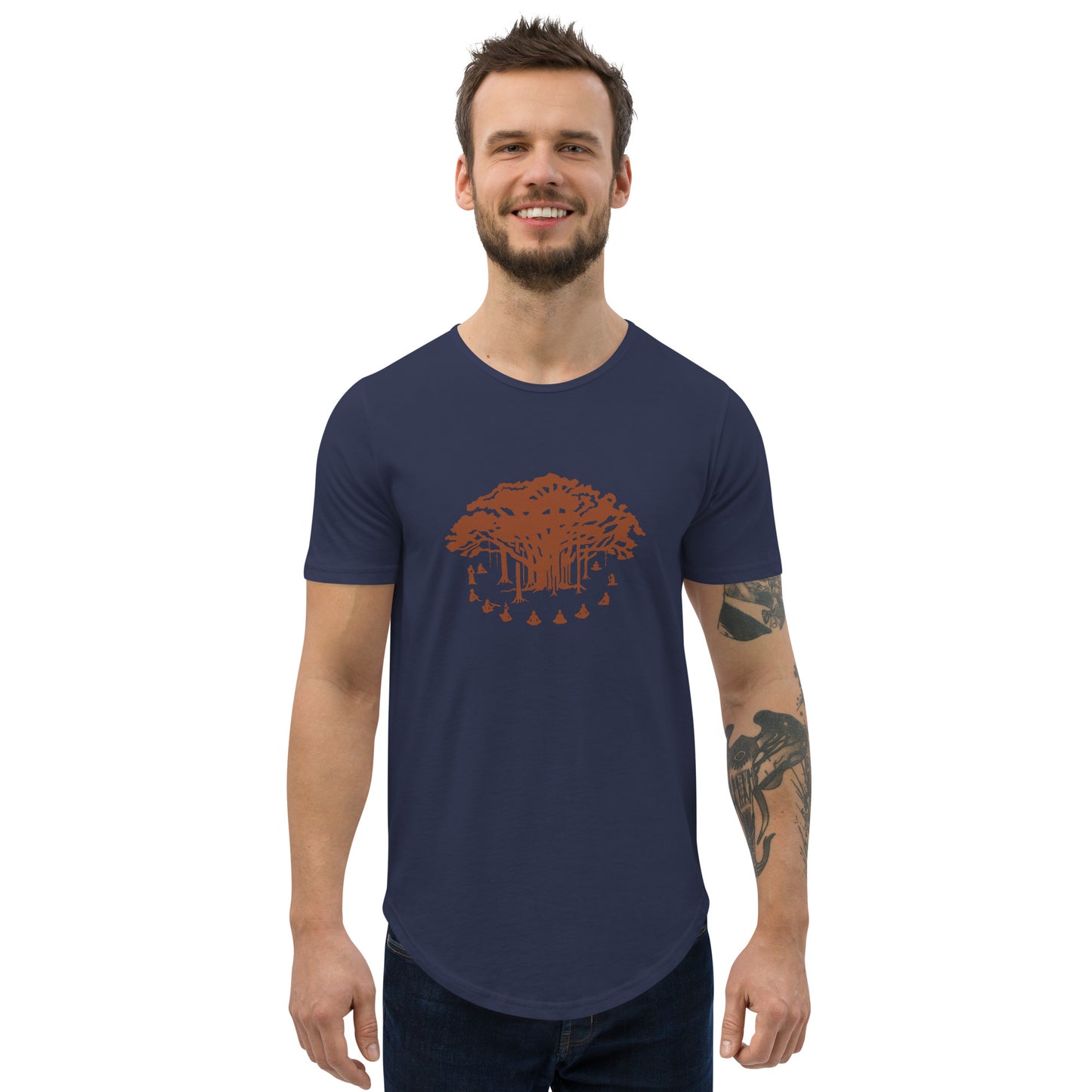 Men's Curved Hem T-Shirt : Communitree w/ Burnt Orange print