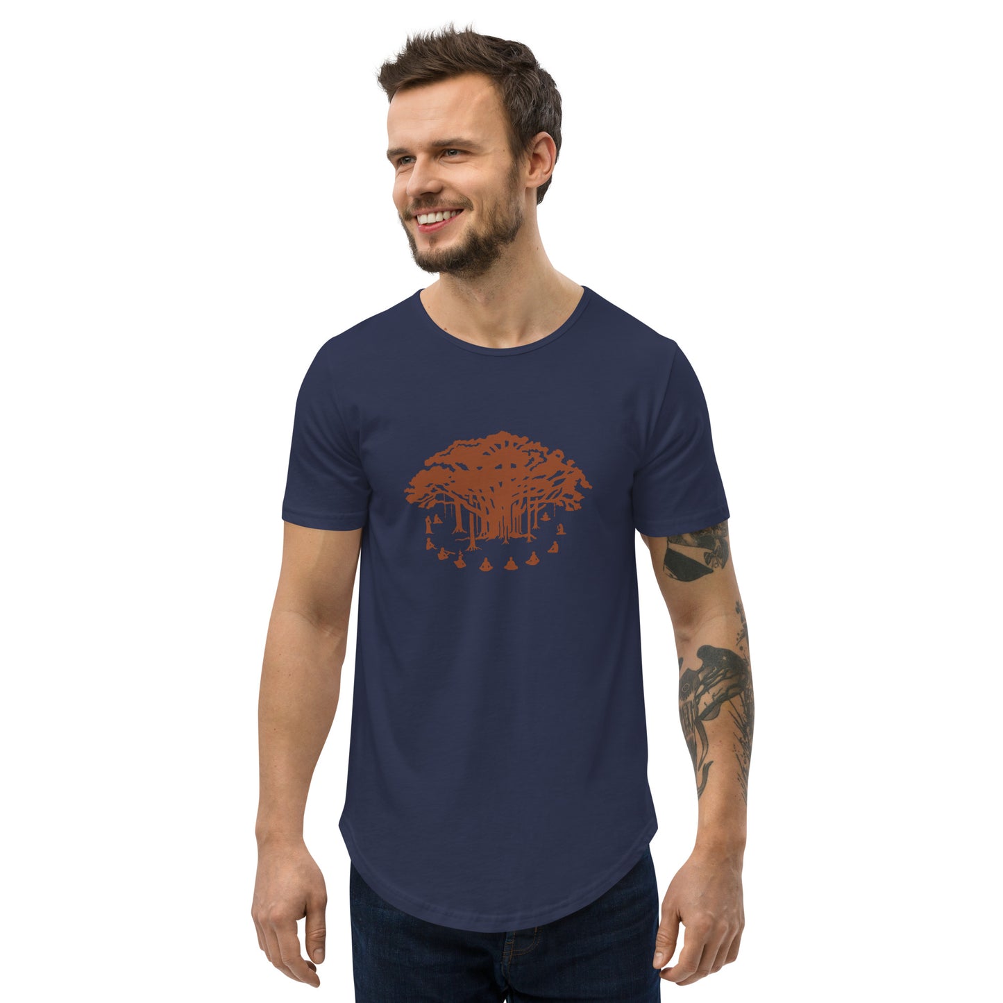 Men's Curved Hem T-Shirt : Communitree w/ Burnt Orange print