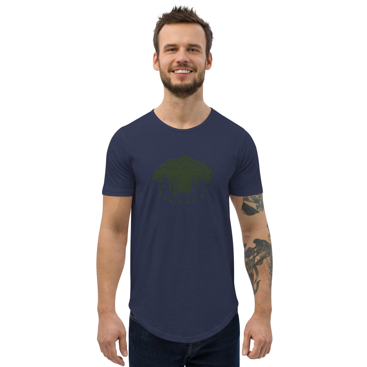 Men's Curved Hem T-Shirt : Communitree - Olive print