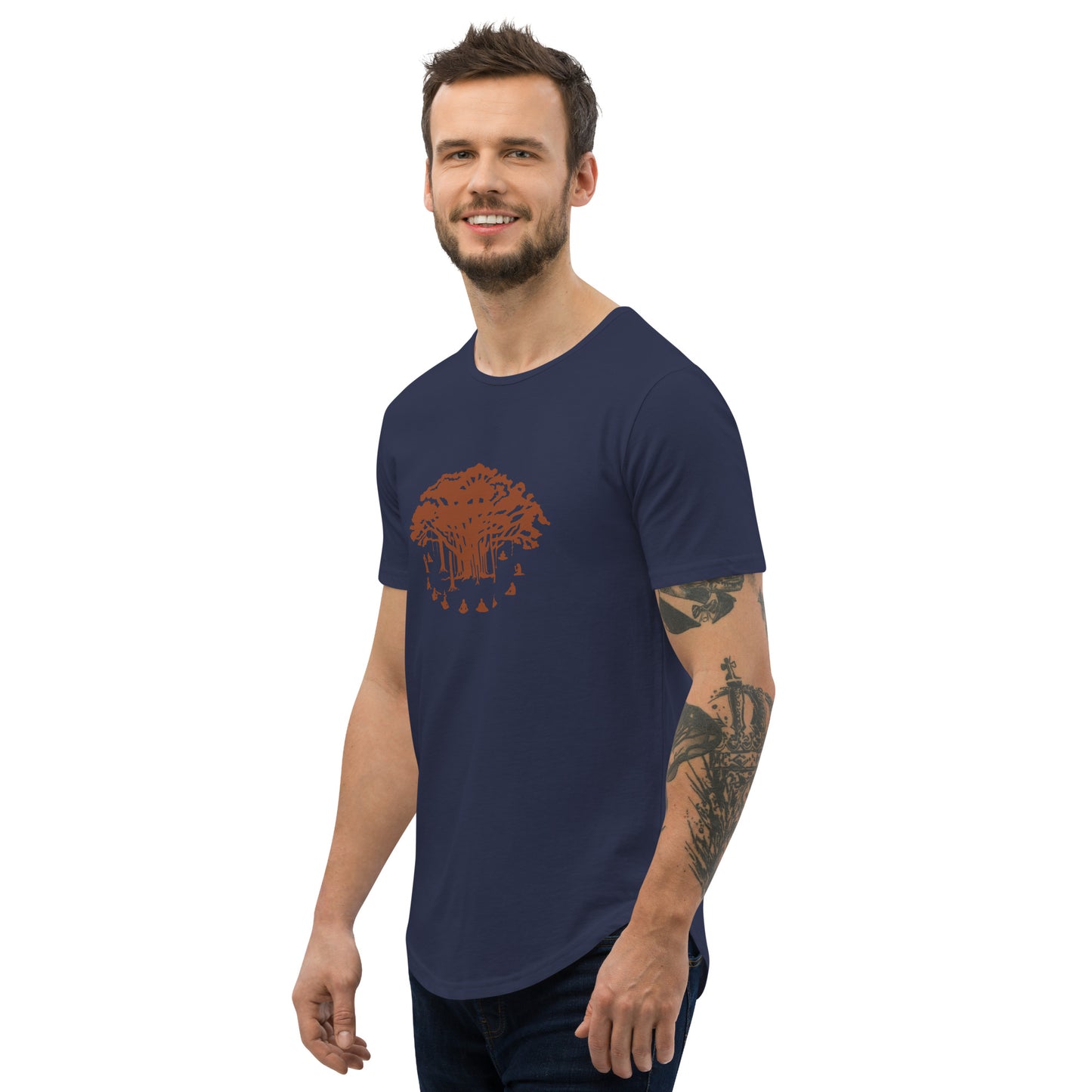 Men's Curved Hem T-Shirt : Communitree w/ Burnt Orange print