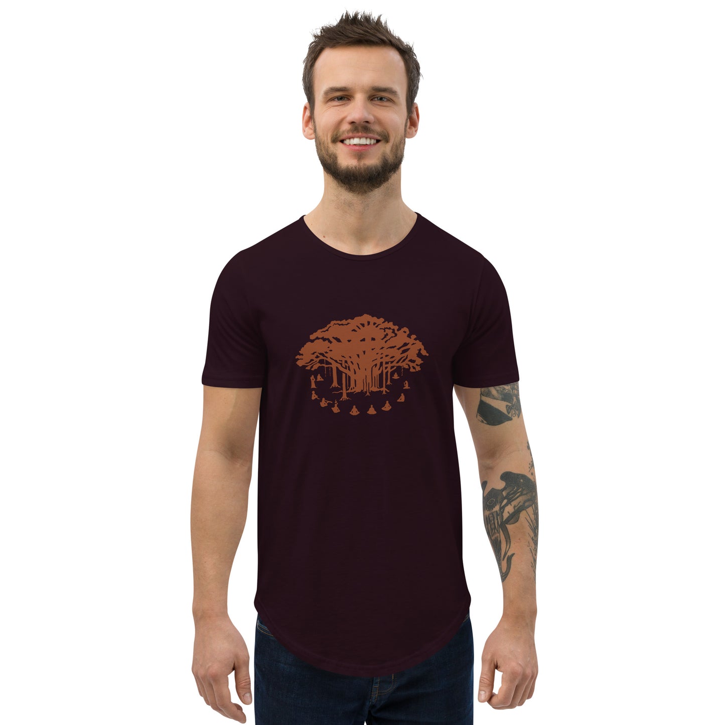 Men's Curved Hem T-Shirt : Communitree w/ Burnt Orange print