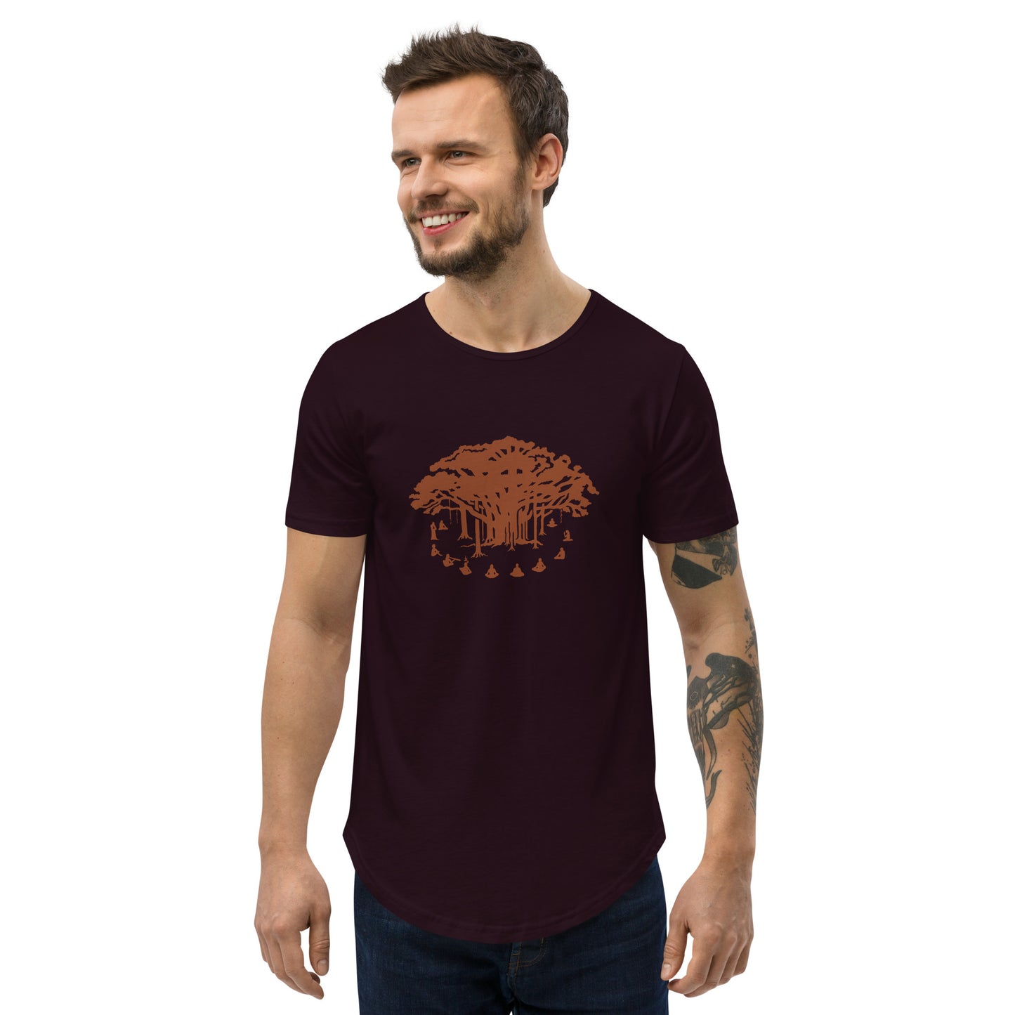 Men's Curved Hem T-Shirt : Communitree w/ Burnt Orange print