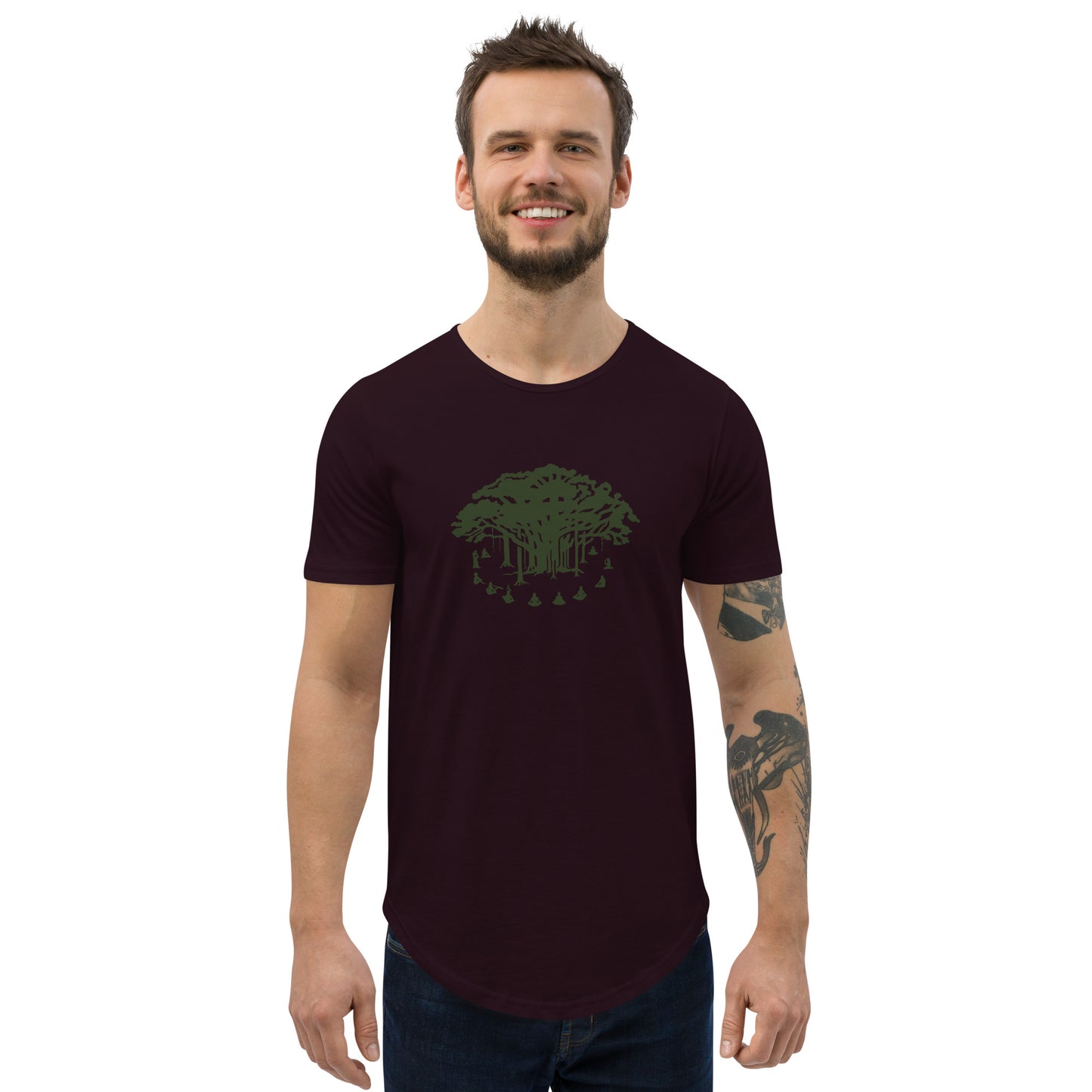 Men's Curved Hem T-Shirt : Communitree - Olive print