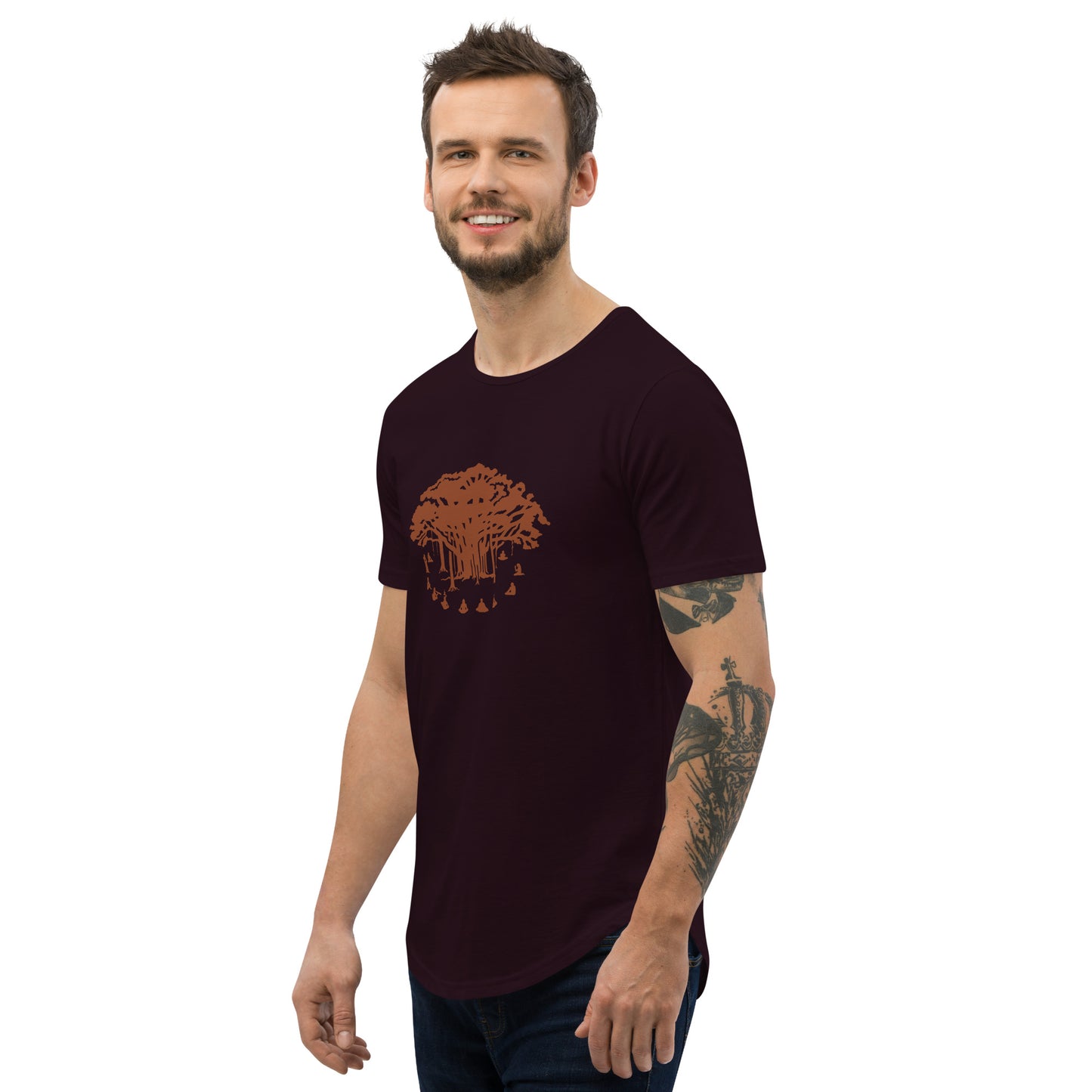 Men's Curved Hem T-Shirt : Communitree w/ Burnt Orange print