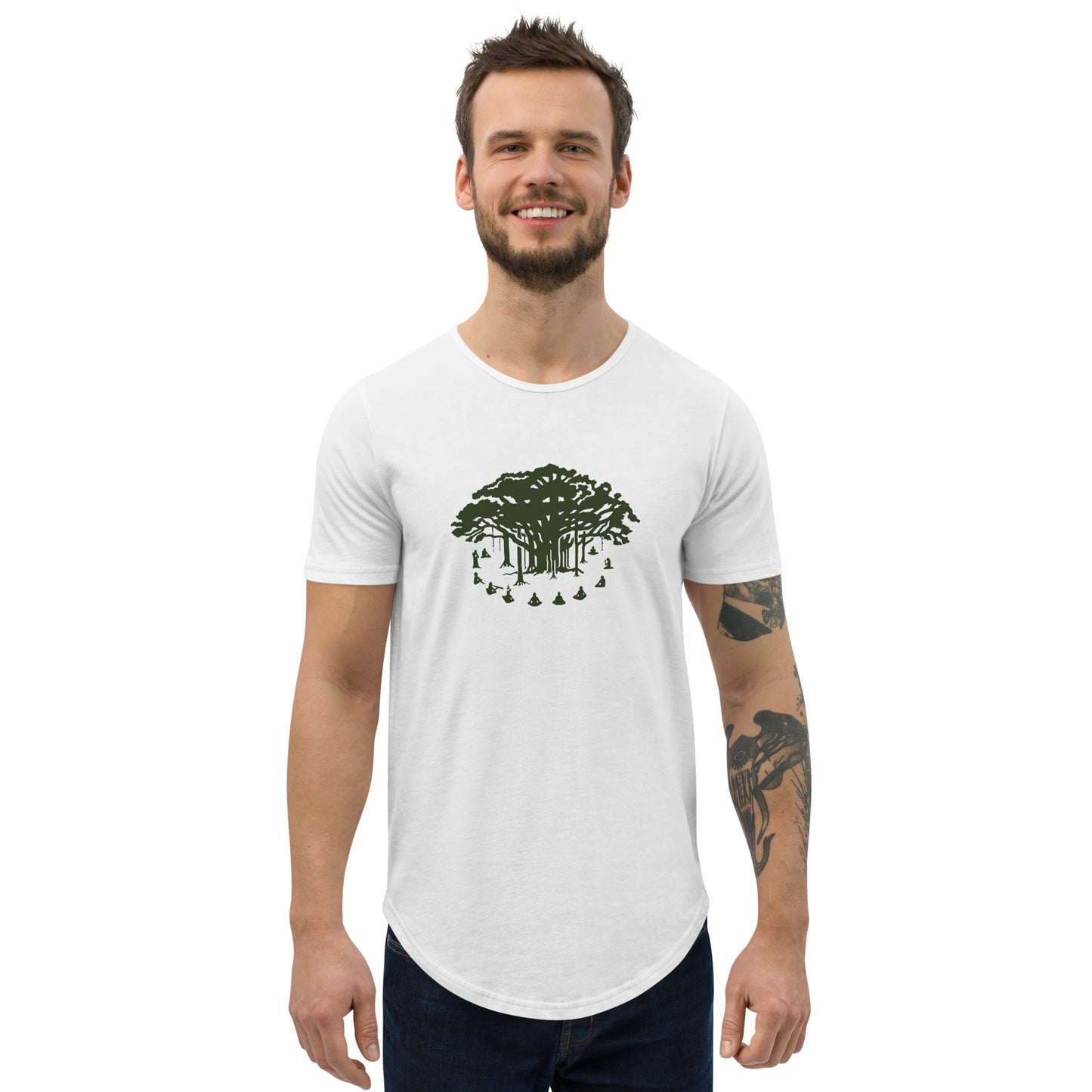 Men's Curved Hem T-Shirt : Communitree - Olive print