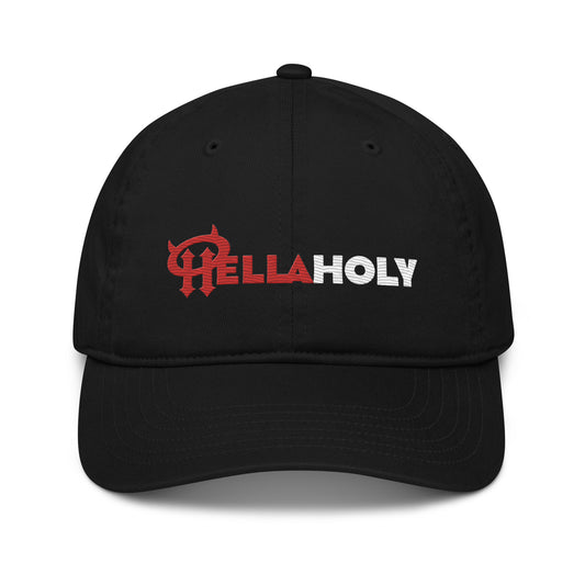 Organic dad hat : HellaHoly™ Logo 02 - Red & White embroidery