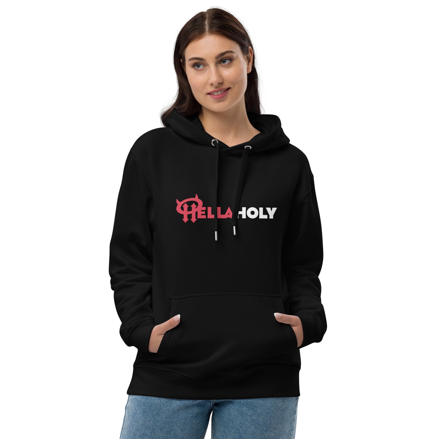 Premium Eco hoodie : HellaHoly™ - Red & White print