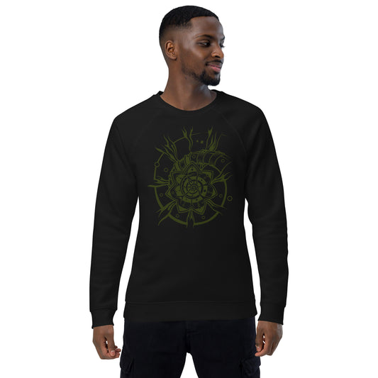Unisex Organic Raglan Sweatshirt : Starflower - Black w/ Olive print