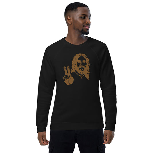 Unisex Organic Raglan Sweatshirt : Peace Jesus - Black w/ Bronze print